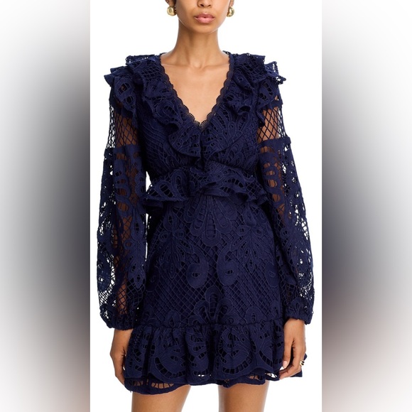 Aqua Dresses & Skirts - AQUA Lace V Neck Long Sleeve Ruffle Mini Dress